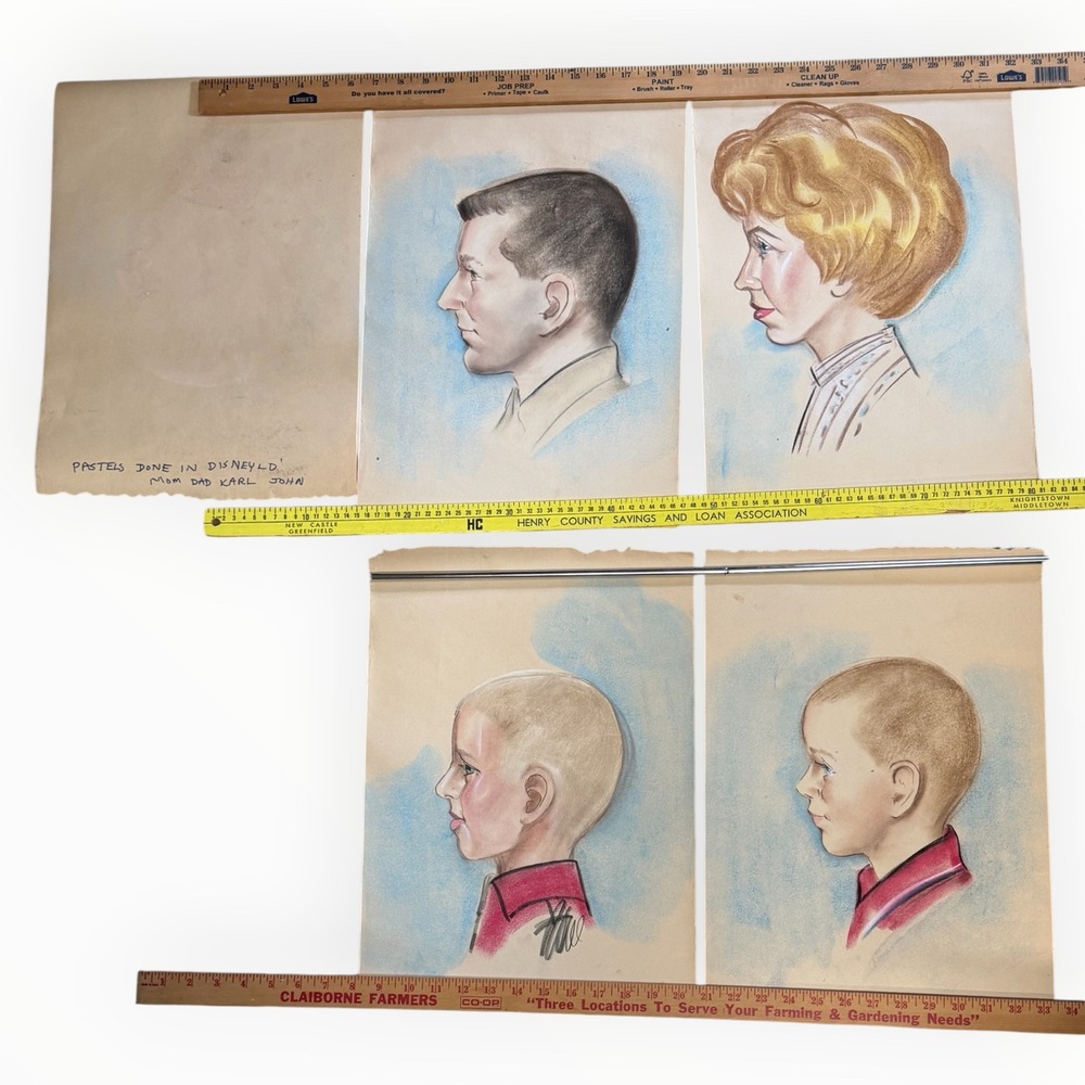 Vintage Disneyland Original Pastel Portrait Family Lot 4 Mom Dad Karl John Art